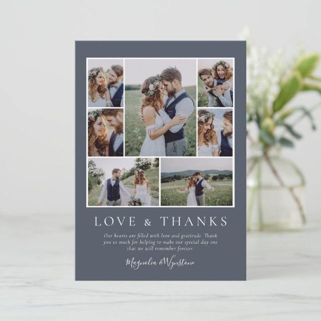 Denim Blue Photo Collage Love and Thanks Wedding  Thank You Card (Standing Front)