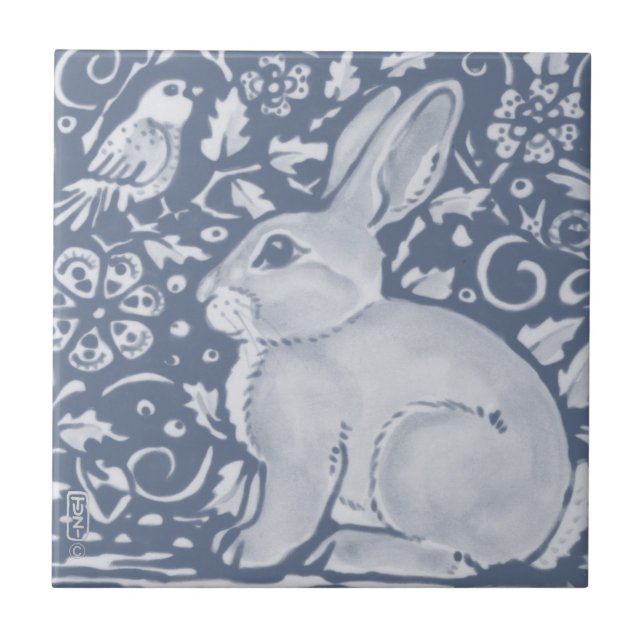 Denim Blue Rabbit Bird Floral Dedham Delft Tile (Front)