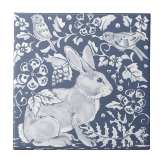 Denim Blue Rabbit Bunny Birds Floral Dedham Delft Tile (Front)