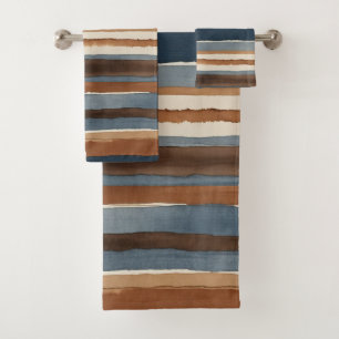 Denim-blue rust and brown stripes bath towel set