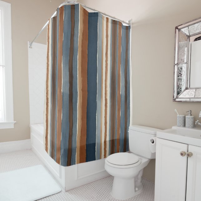 Denim-blue rust and brown stripes shower curtain (In Situ)