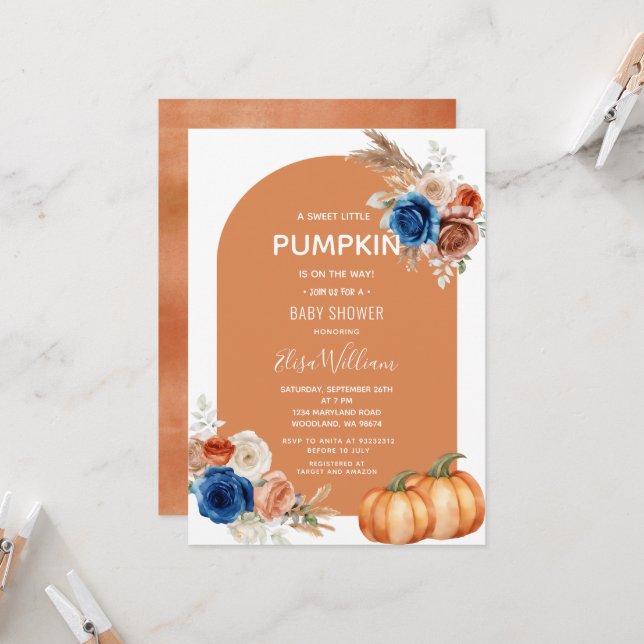 Denim Blue Rust Orange Pumpkin Floral Baby Shower  Invitation (Front/Back In Situ)
