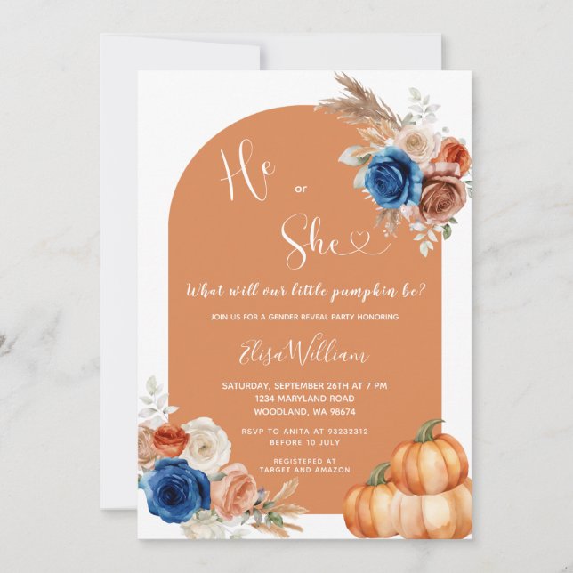 Denim Blue Rust Orange Pumpkin Gender Reveal  Invitation (Front)