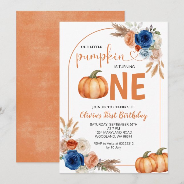 Denim Blue Rustic Pumpkin 1st Birthday Invitation (Front/Back)