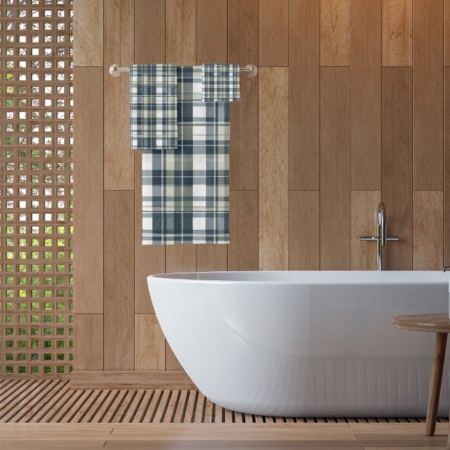 Denim Blue Sage Green White Plaid Bath Towel Set (Creator Uploaded)