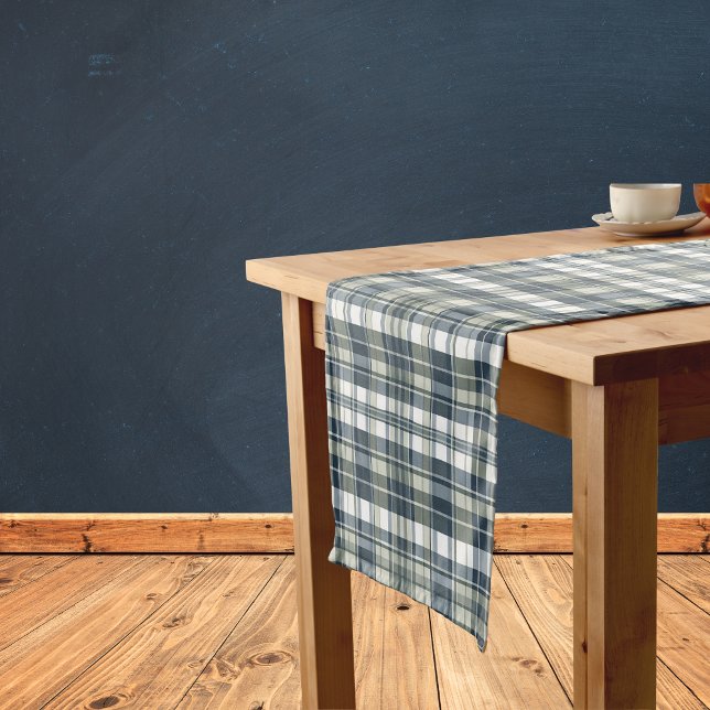 Denim Blue Sage Green White Plaid Short Table Runner (Creator Uploaded)