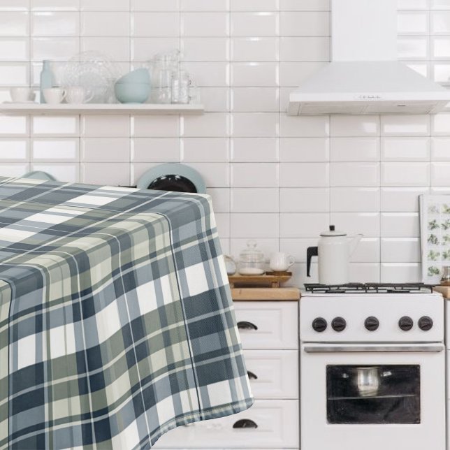 Denim Blue Sage Green White Plaid Tablecloth (Creator Uploaded)