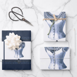 Denim Blue Vintage Bustier Wrapping Paper Sheet