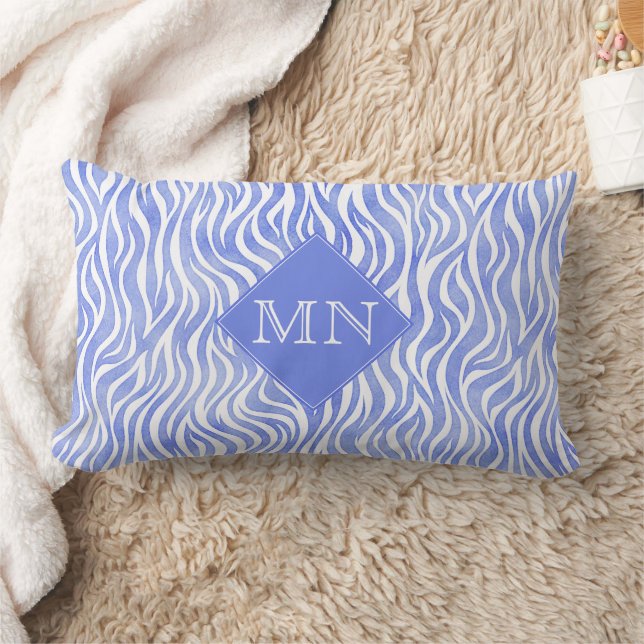 Denim Blue Watercolor Zebra Pattern | Monogram Lumbar Cushion (Blanket)