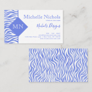 Denim Blue Watercolor Zebra Print   Monogram Business Card
