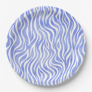 Denim Blue Watercolor Zebra Print Paper Plate
