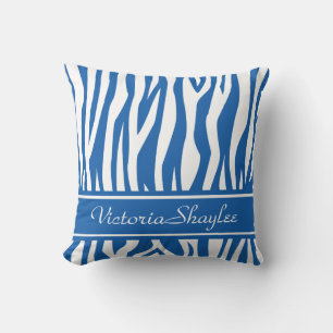 Denim Blue Zebra Print with custom text Cushion