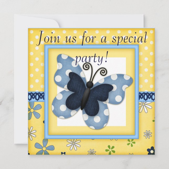 Denim Butterfly Birthday Invitations Announcements (Front)