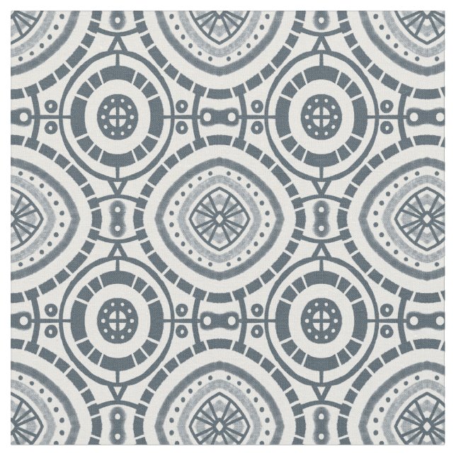 Denim Circular Geometric Tile Pattern Fabric (Close Up)