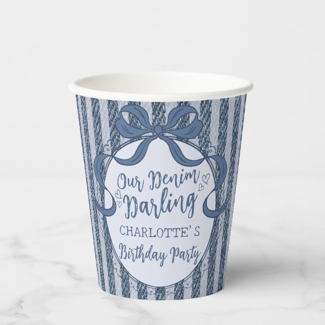 Denim Coquette Bow Blue Jean Baby Birthday Paper Cups (Front)