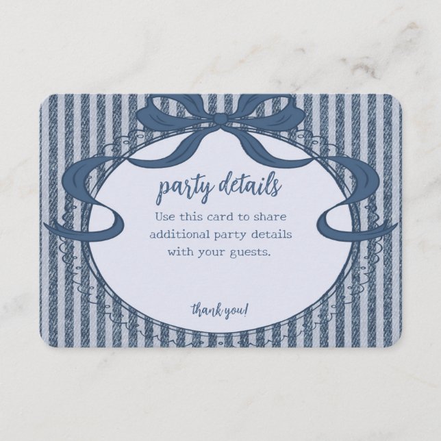 Denim Coquette Bow Blue Jean Baby Party Details Enclosure Card (Front)