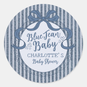 Denim Coquette Bow Blue Jean Baby Shower Classic Round Sticker