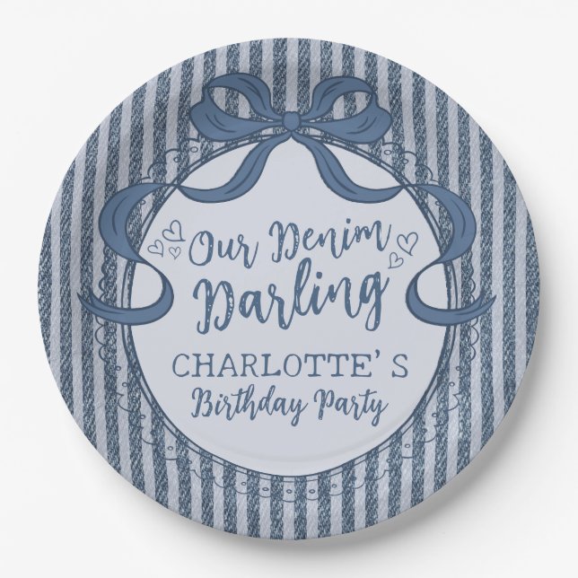 Denim Coquette Bow Blue Jean Birthday Party Paper Plate (Front)