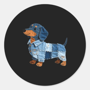 Denim Dachshund Dog Patchwork Puppy Vintage Art Classic Round Sticker