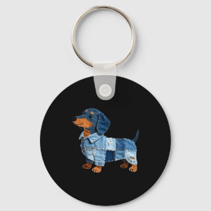 Denim Dachshund Dog Patchwork Puppy Vintage Art  Key Ring