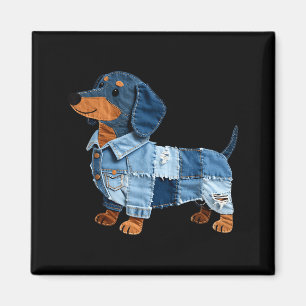 Denim Dachshund Dog Patchwork Puppy Vintage Art Magnet