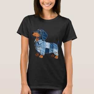 Denim Dachshund Dog Patchwork Puppy Vintage Art T-Shirt