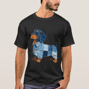 Denim Dachshund Dog Patchwork Puppy Vintage Art  T-Shirt