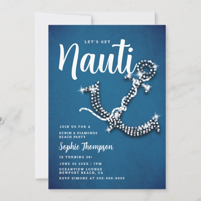Denim Diamond Anchor Nauti Blue Birthday Party Invitation (Front)
