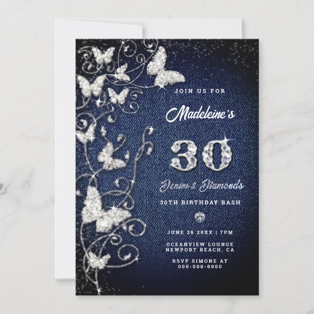 Denim Diamond Bling Vines Butterfly Birthday Party Invitation (Front)