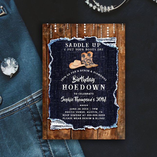 Denim Diamond Cowgirl Chic Rustic Hoedown Birthday Invitation (denim diamonds birthday party hoedown invitation rustic wood blue white cowgirl chic boots hat bling)