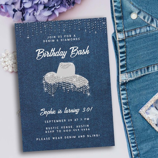 Denim Diamond Cowgirl Hat Rhinestone 30th Birthday Invitation (denim and diamonds 30th birthday women elegant classy stylish jean cowgirl hat western country)
