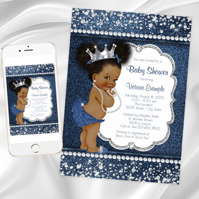 Denim Diamond Girls African American Baby Shower Invitation (Denim and diamonds baby shower invitation. Instant download and printed invitations available.)
