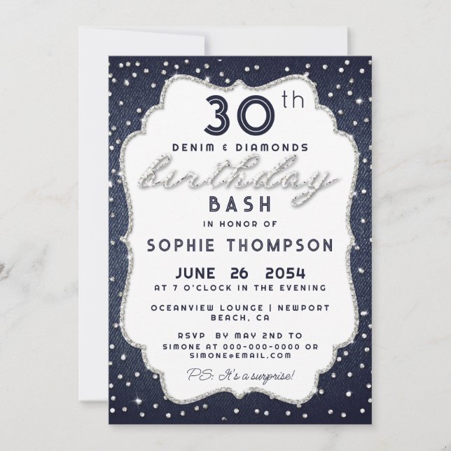 Denim Diamond Glitter Any Age Frame Birthday Party Invitation (Front)