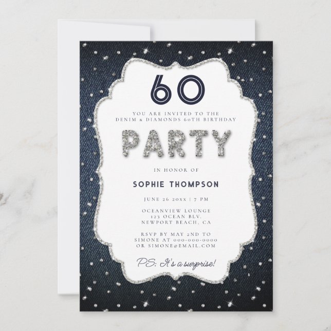 Denim Diamond Glitter Frame 60th Birthday Party Invitation (Front)