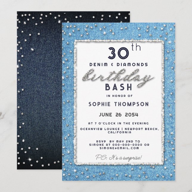 Denim Diamond Glitter Frame Any Age Birthday Party Invitation (Front/Back)