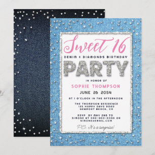 Denim Diamond Glitter Frame Sweet 16 Party Pink Invitation