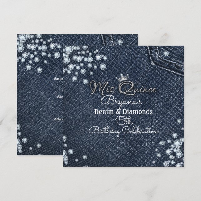 Denim & Diamond MIS QUINCE Crown Party Invitations (Front/Back)