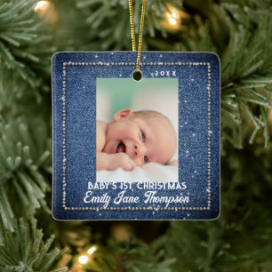 Denim Diamonds Baby First Christmas Glitter Frame Ceramic Ornament