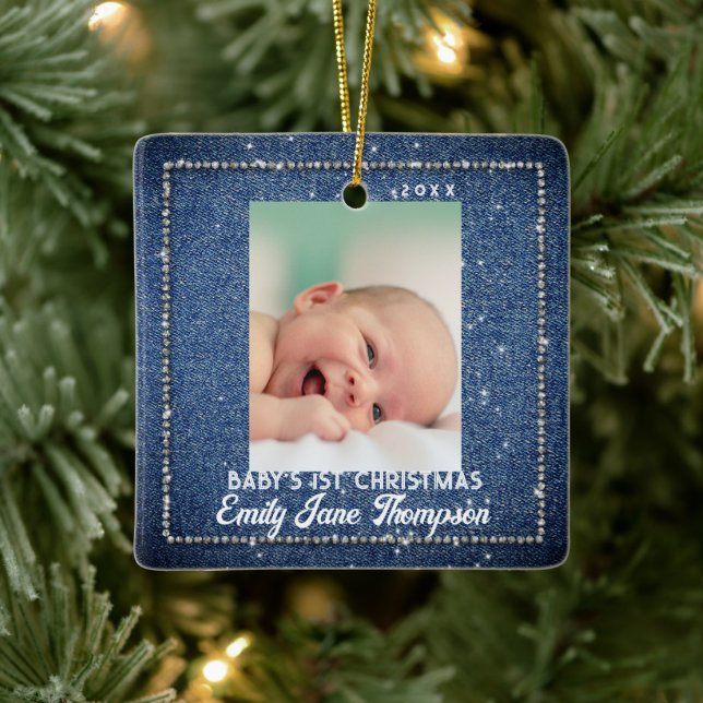 Denim Diamonds Baby First Christmas Rhinestones Ceramic Ornament (Tree)