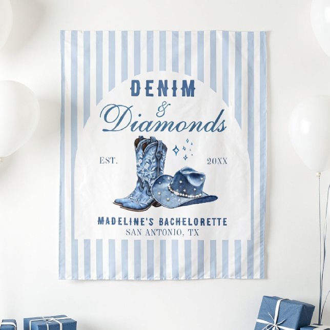 Denim Diamonds Bachelorette Backdrop Cowgirl Boots Tapestry (denim diamonds bachelorette backdrop photo booth hand drawn cowgirl hat boots blue white stripes)