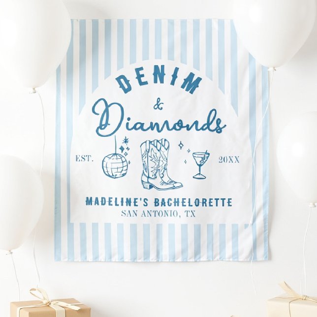 Denim Diamonds Bachelorette Backdrop Hand Drawn Tapestry (denim diamonds bachelorette backdrop photo booth hand drawn cowgirl blue white arch)