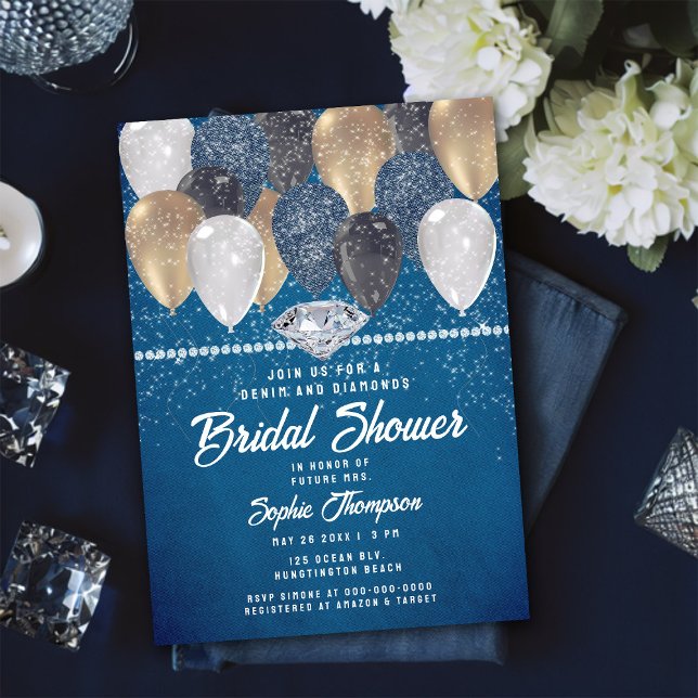 Denim Diamonds Balloons Glitter Teal Bridal Shower Invitation (Creator Uploaded)