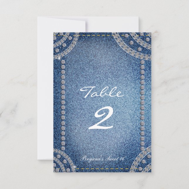 Denim & Diamonds Birthday Party Table Number Card (Front)