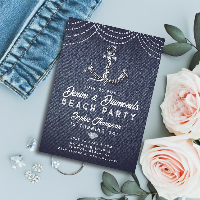 Denim Diamonds Bling Anchor Beach Birthday Party Invitation (denim and diamonds 30th birthday party invitation for women elegant bling boat anchor beach classy)