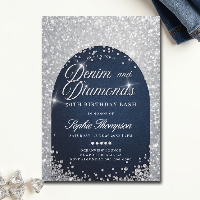 Denim Diamonds Bling Arch 30th Birthday Party Invitation (denim and diamonds theme party invitations 30th 50th sweet 16 elegant classy blue white bling )