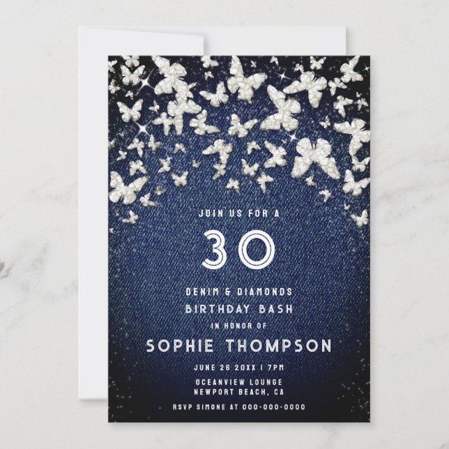 Denim Diamonds Bling Butterfly 30th Birthday Party Invitation (Front)