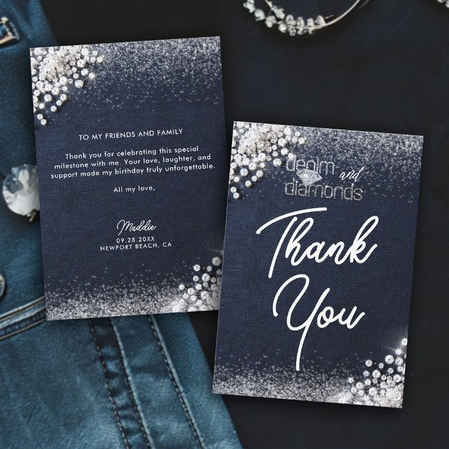 Denim Diamonds Bling Classy Elegant Birthday Party Thank You Card (denim and diamonds thank you card birthday party glam bling elegant stylish tasteful chic custom)