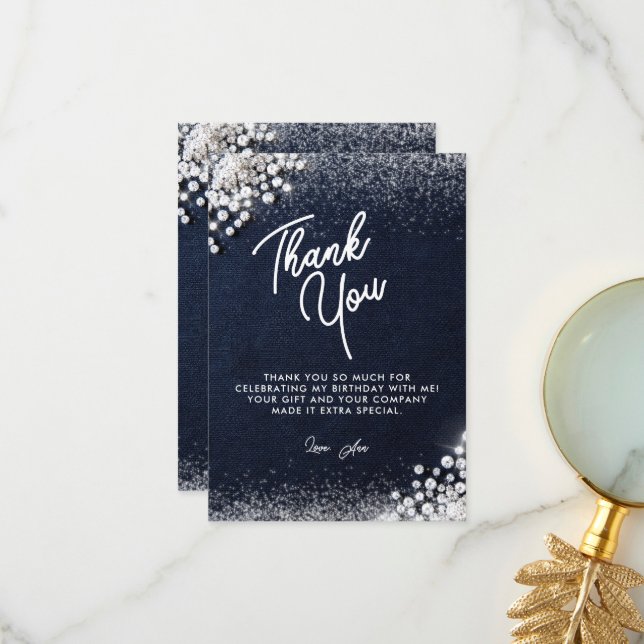 Denim Diamonds Bling Classy Elegant Party Blue Thank You Card (Front/Back In Situ)