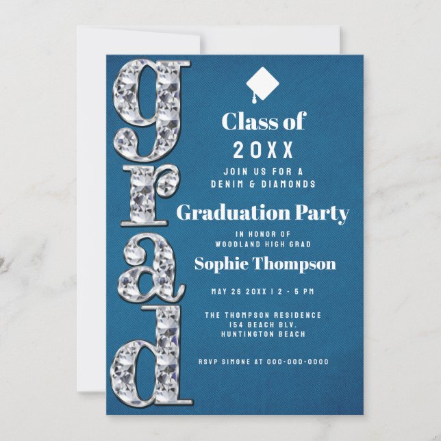 Denim Diamonds Bling Elegant Graduation Party Invitation (Front)