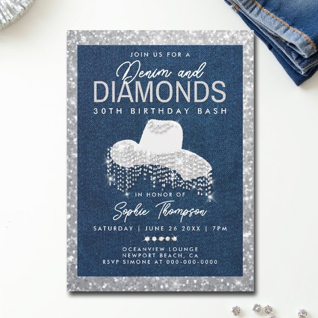 Denim Diamonds Bling Frame 30th Birthday Party Invitation (denim and diamonds invitations 30th 50th sweet 16 elegant classy blue white bling frame template)
